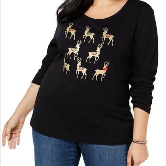 Karen Scott Reindeer parade whimsy Sweater Tee-2X - Picture 1 of 4